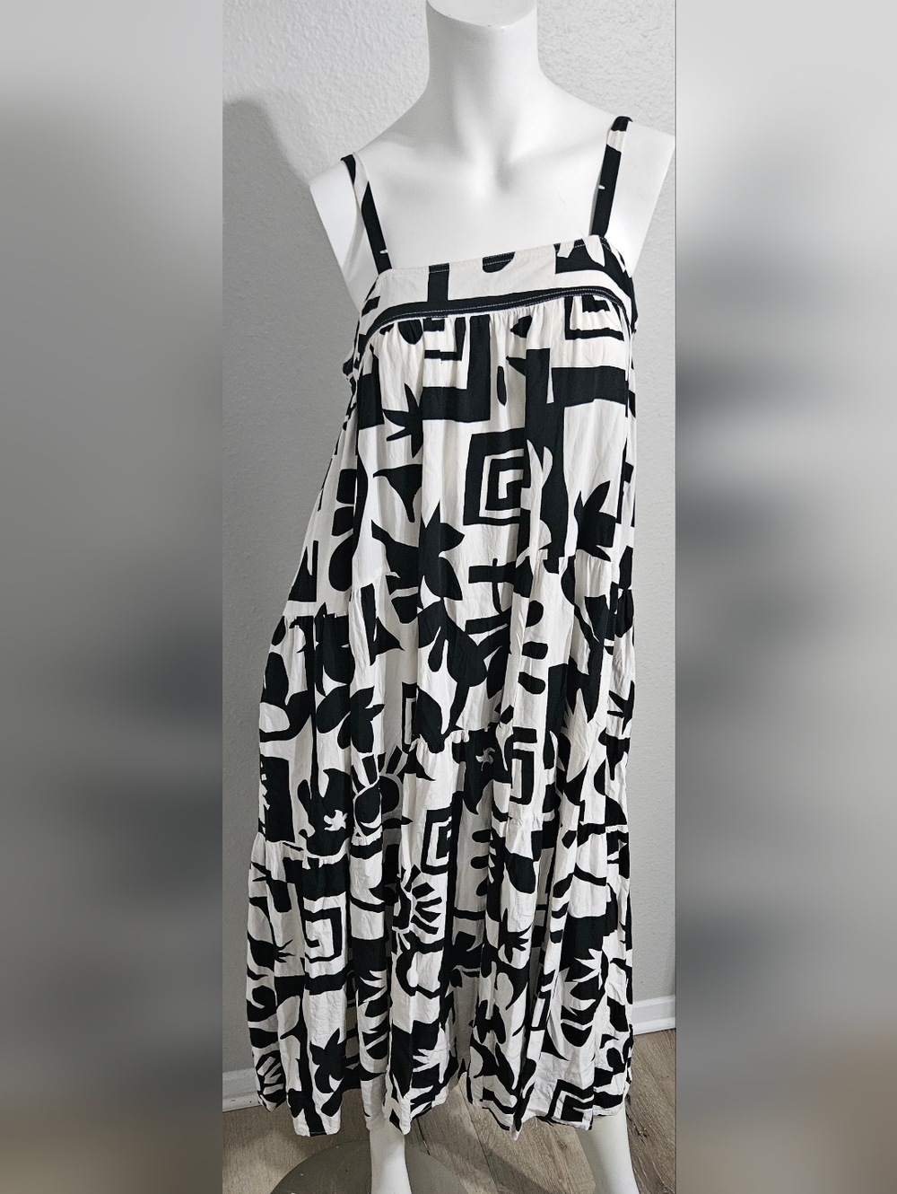 Abel The Label Womens Black White Abstract Boho Resortwear Tiered Maxi Dress S